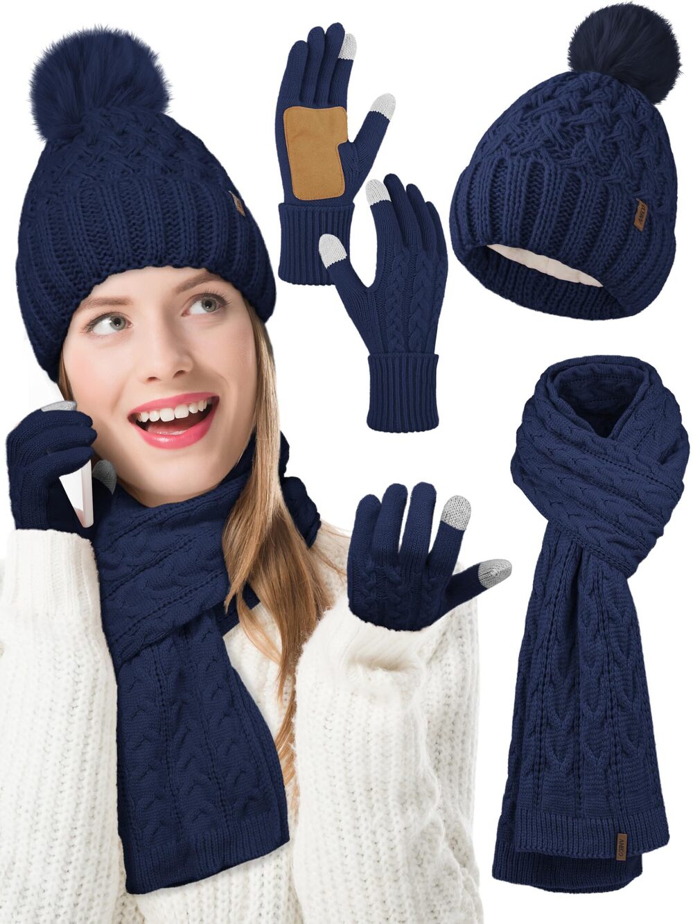 4778 Winter Beanie Hat Scarf Gloves with Pom Pom Fleece Lined Touchscreen